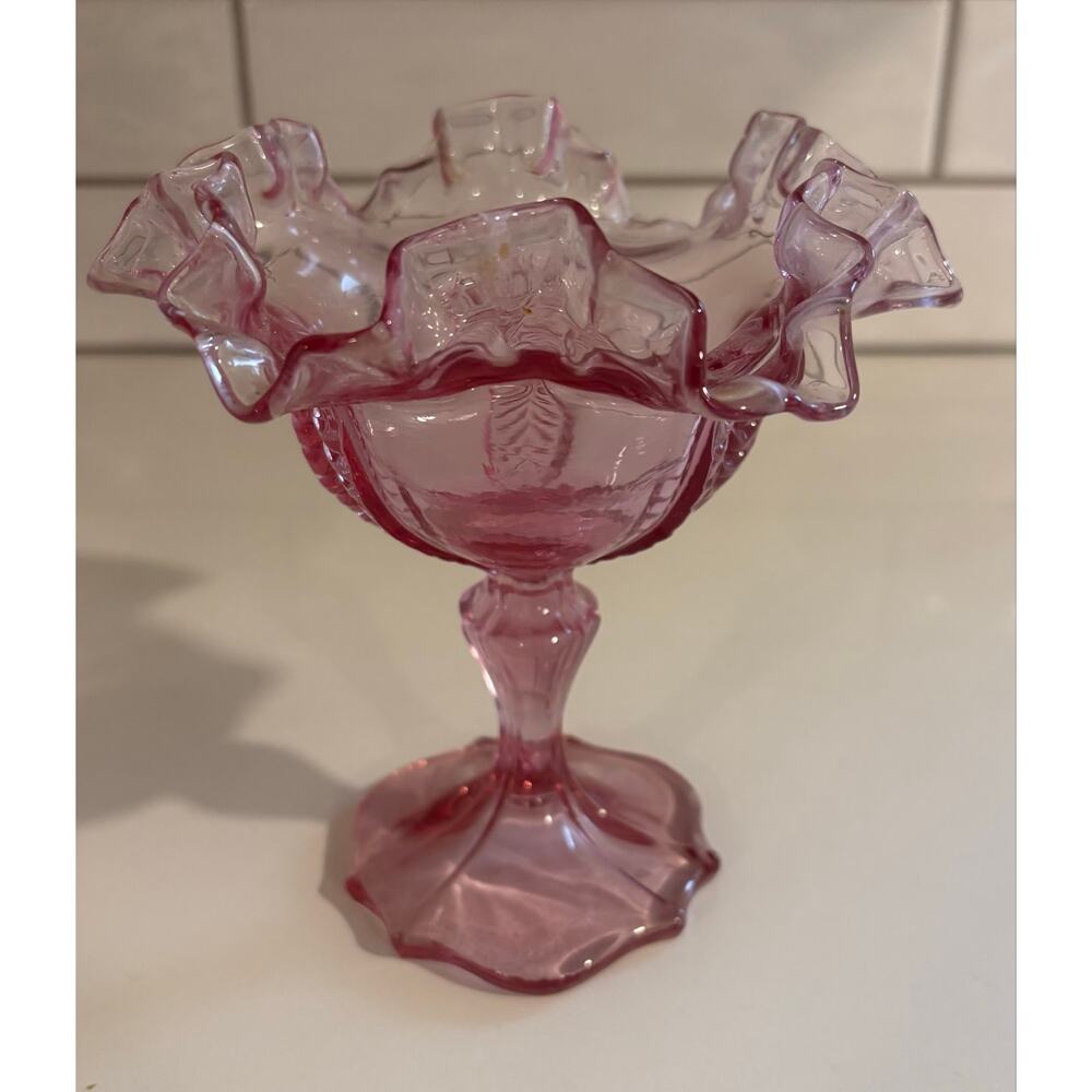 Vintage Fenton Pink Compote Dish with Ruffled Rim